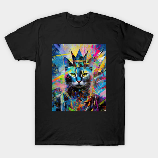 Quantum Queen: Feline Sovereignty in Abstract T-Shirt by KittyKanvas Creations